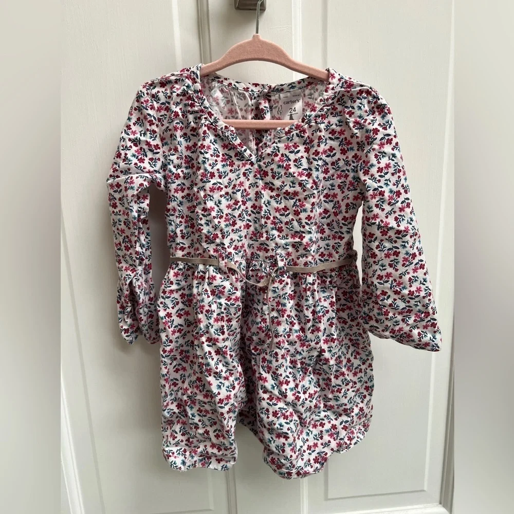Carter’s 24M White Flowy Blouse with Red and Green Floral Pattern- Small Belt